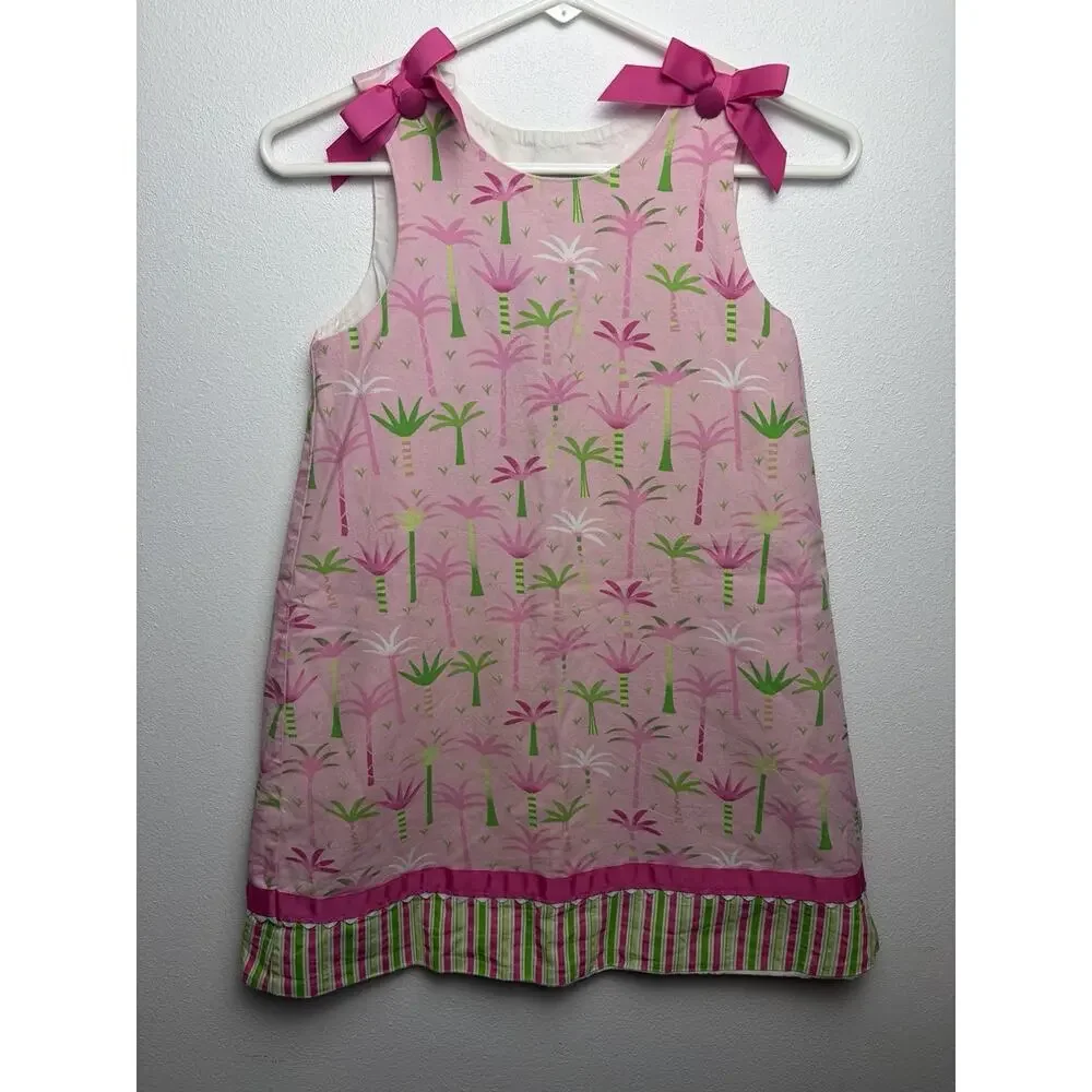 Beanstalk Originals Girls 6X Pink Palm Tree Dress Bows Ruffle Made USA